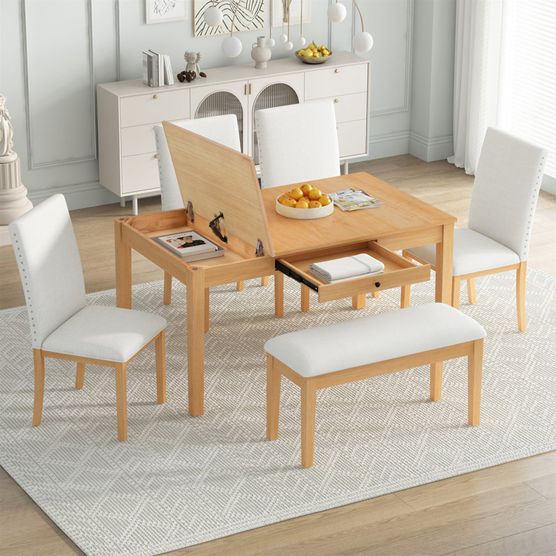 Farmhouse 6 Piece Dining Table Set With Storage Table Kitchen Table Set With Drawer Storable Bench And Upholstered Dining Chairs Gray White